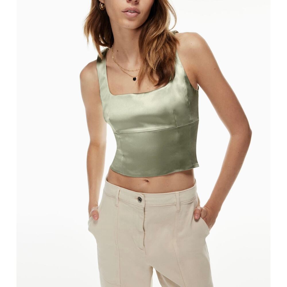 ARTIZIA WILFRED Shine Bustier Crop Tank Womens XXS Sage Green Scoop Neck Top